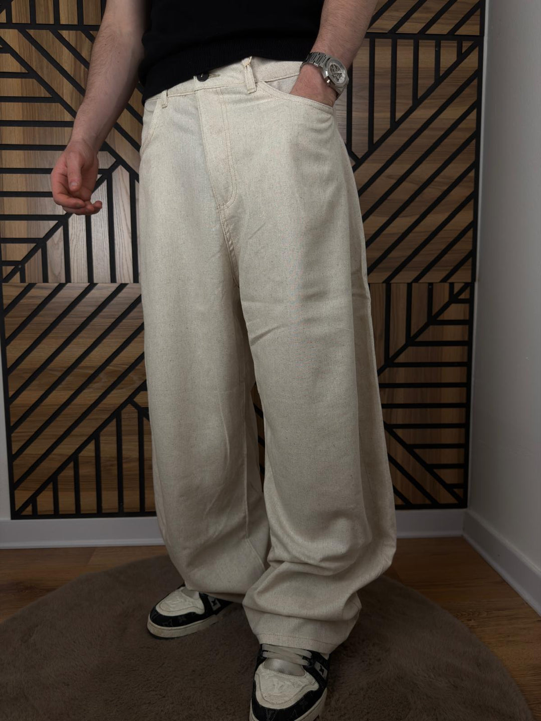 Pantalone in Lino Fondo Ampio Beige