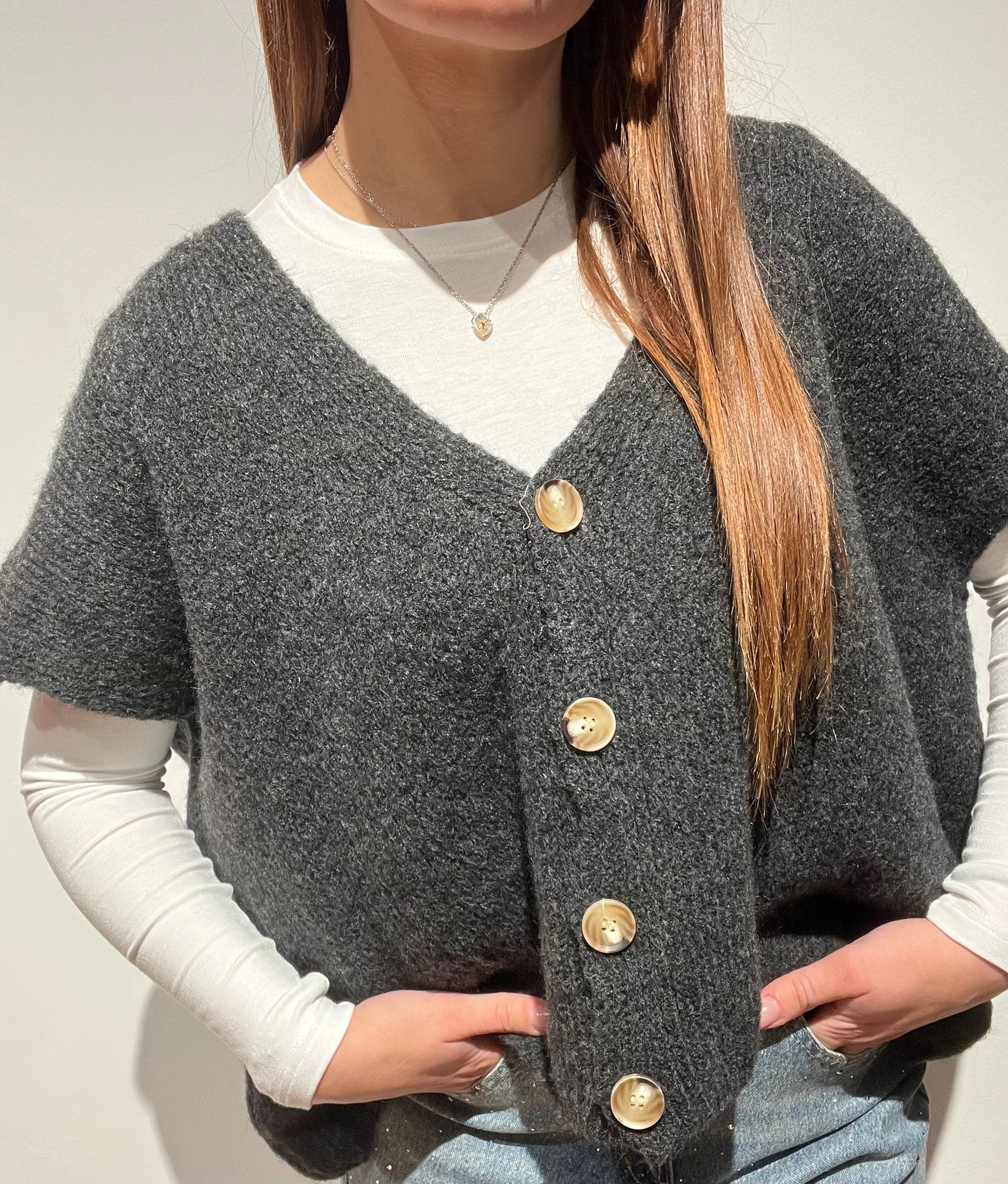 CARDIGAN SMANICATO OVER GRIGIO