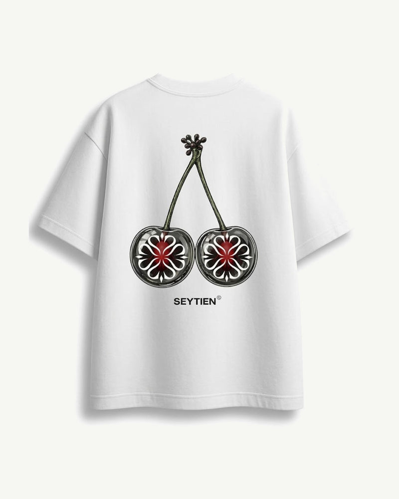 T-Shirt Oversize Seytien Stampa Ciliegie Bianca